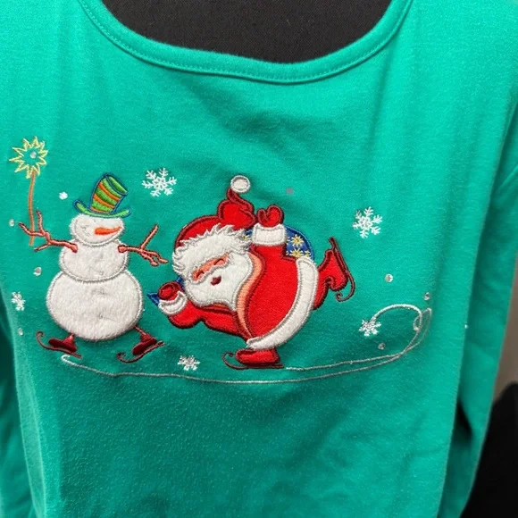 Rebecca Malone Green Santa Snowman Tee L | Christmas Holiday Winter Top - Picture 2 of 8